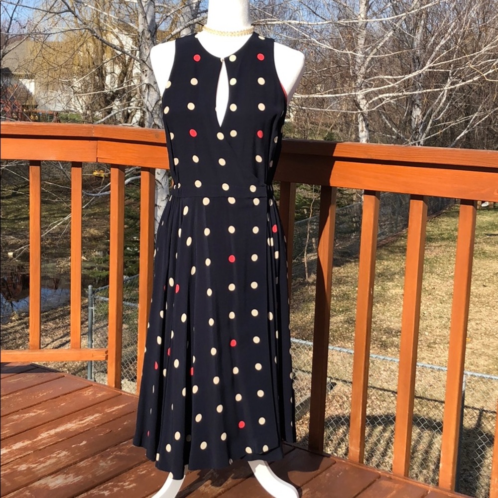 Blue Wrap Dress with red and off White polka dots